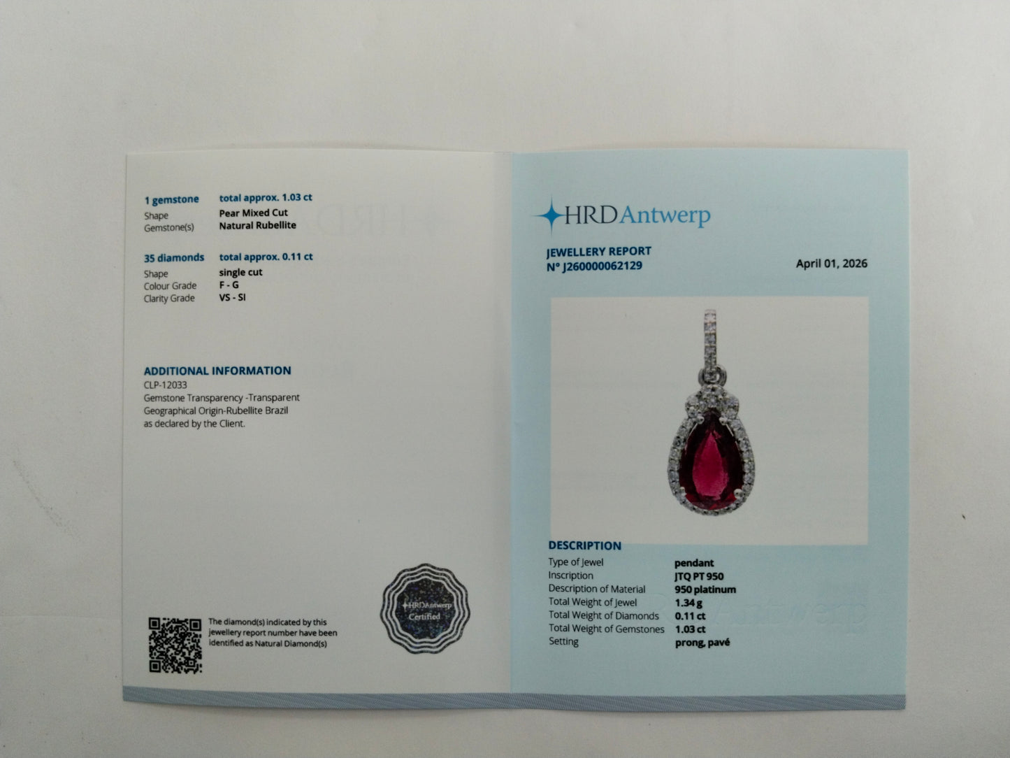 1.14 Ct Pear Mixed Cut Natural Rubellite 950 Platinum Pendant