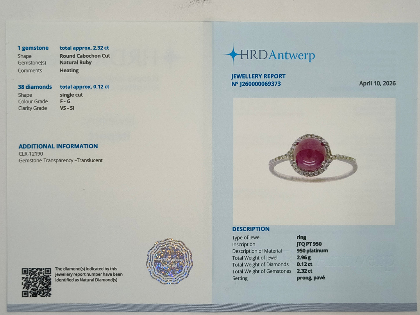 2.44 Ct Round Cabochon Cut Natural Ruby 950 Platinum Ring