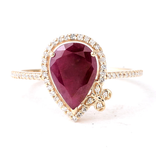 2.22 Ct Pear Mixed Cut Natural Corundum Ruby 14K Gold Ring
