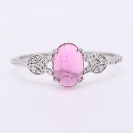 1.24 Ct Oval Cabochon Cut Natural Pink Tourmaline 950 Platinum Ring