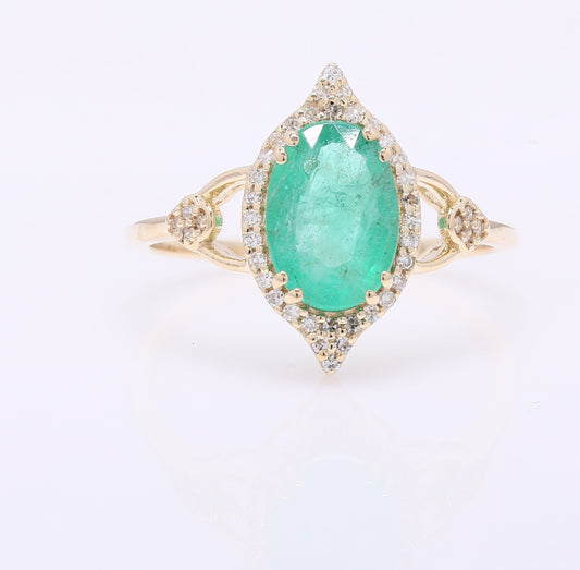 1.47 Ct Oval Mixed Cut Natural Emerald 14K Gold Ring