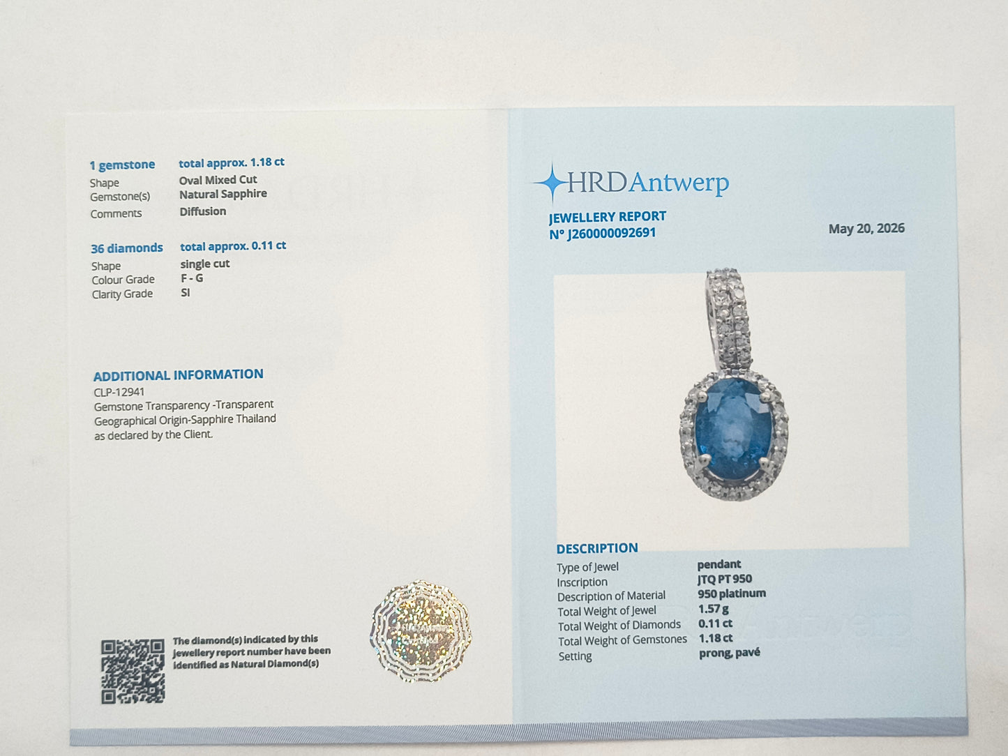 1.29 Ct Oval Sapphire 950 Platinum Pendant