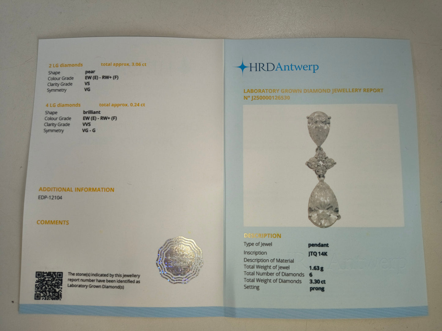 3.30 Carats Lab Grown Diamond 14K Gold Pendant