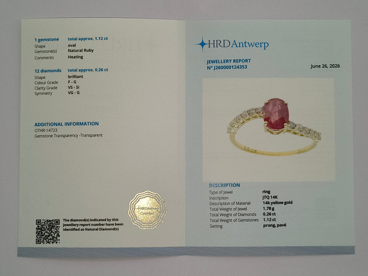 1.38 Ct Oval Natural Ruby 14K Gold Ring