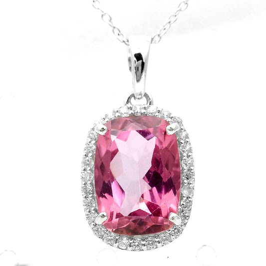 9.58 Ct Cushion Pink Topaz, White Zircon 925 Sterling Silver Pendant