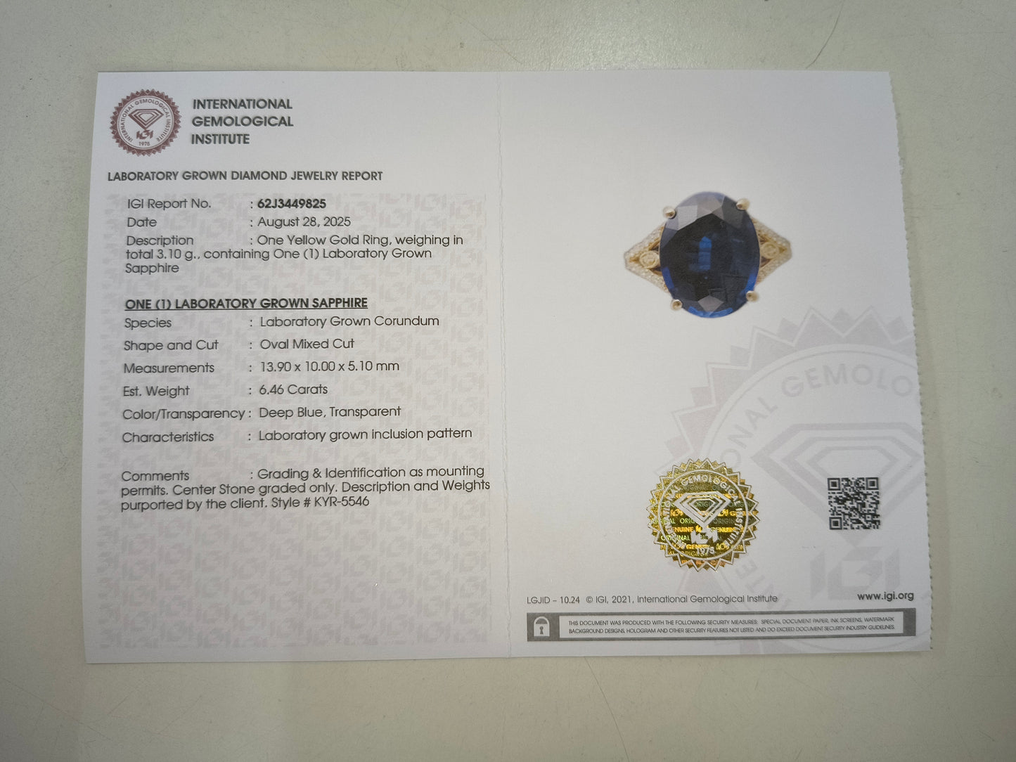 6.58 Ct Oval Mixed Cut Lab Grown Sapphire 14K Gold Ring