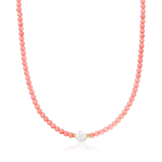 4mm Pink Coral Bead and 8.5-9mm Cultured Pearl Necklace with 18kt Gold Over Sterling