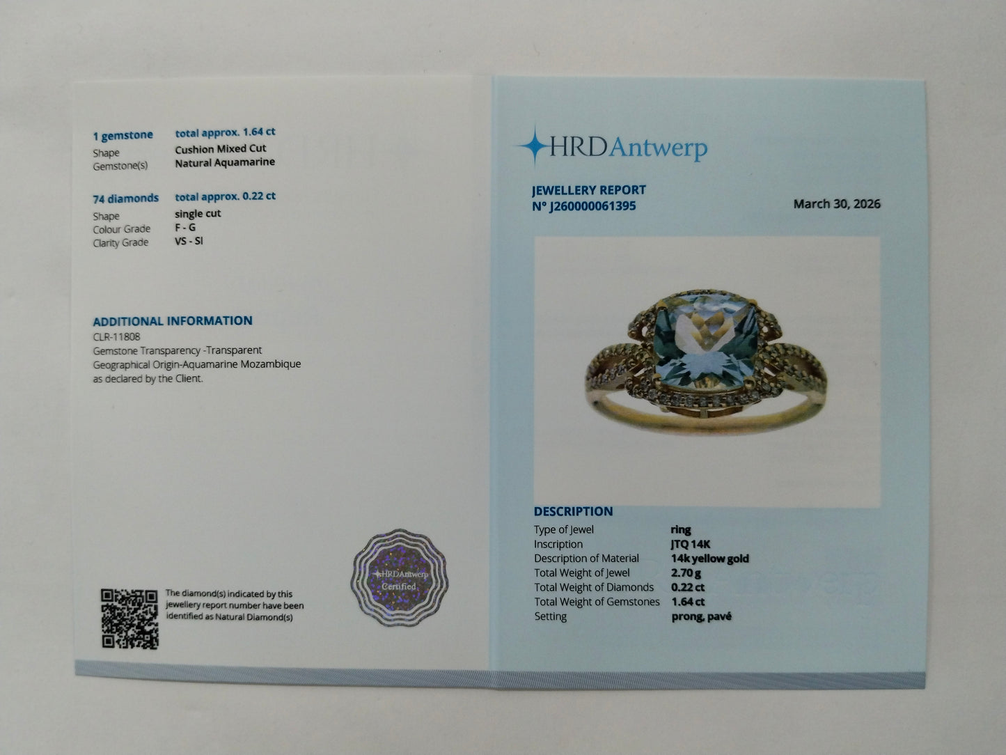1.86 Ct Cushion Mixed Cut Natural Aquamarine 14K Gold Ring