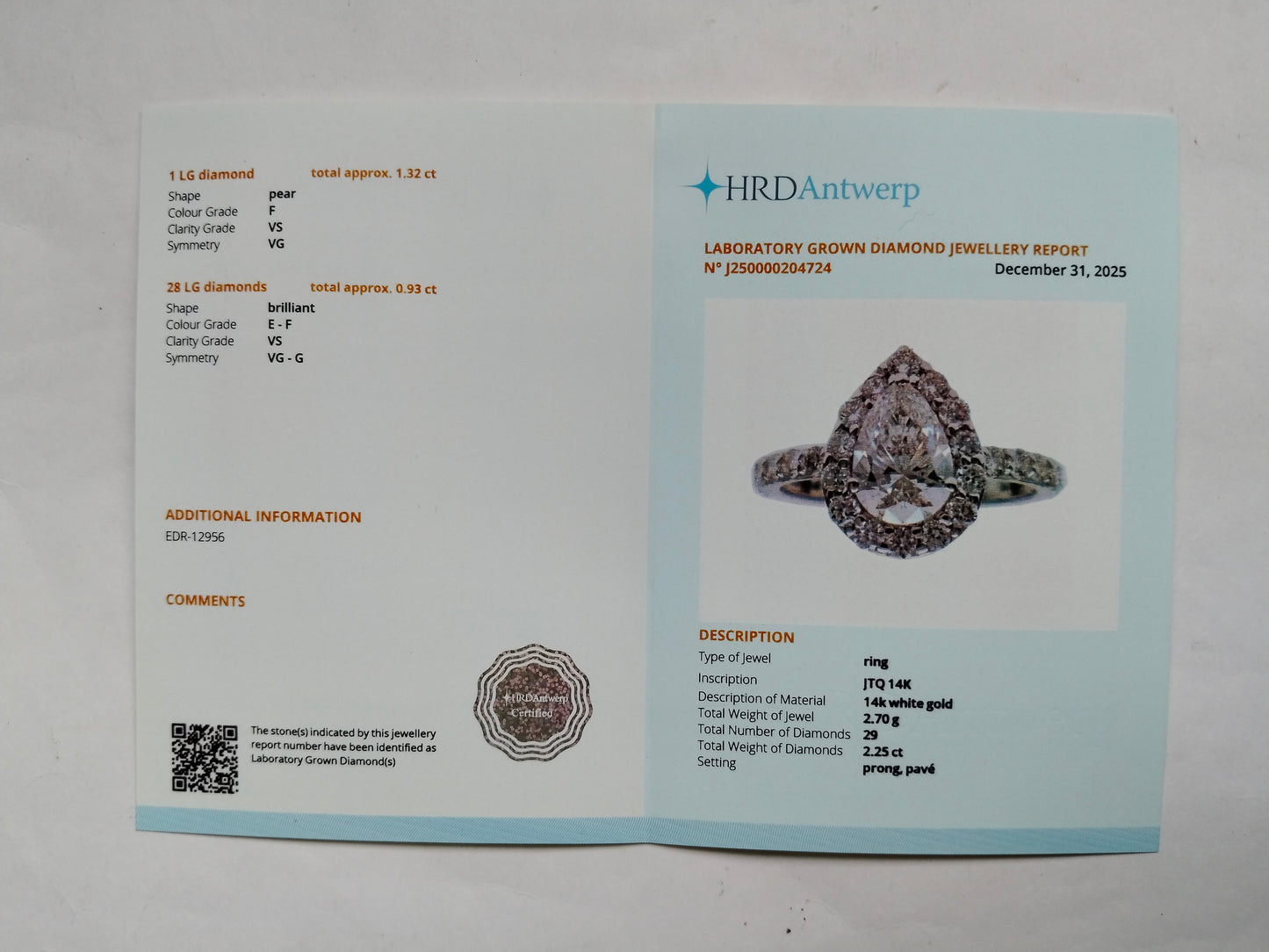 2.25 Carats Lab Grown Diamond 14K Gold Ring