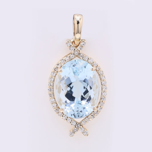 3.28 Ct Oval Mixed Cut Natural Aquamarine 14K Gold Pendant