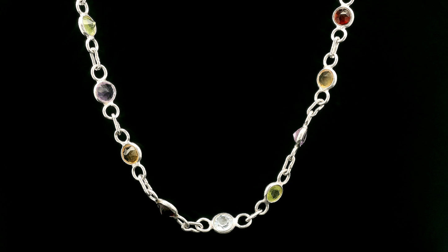 7.77 Ct Round Garnet, Peridot, Blue Topaz, Citrine, Amethyst 925 Sterling Silver Necklace