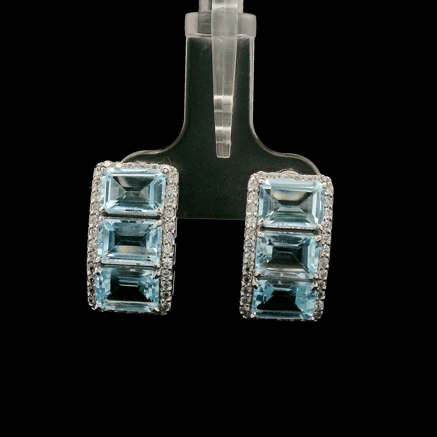 8.56 Ct Octagon Blue Topaz, White Zircon 925 Sterling Silver Earrings