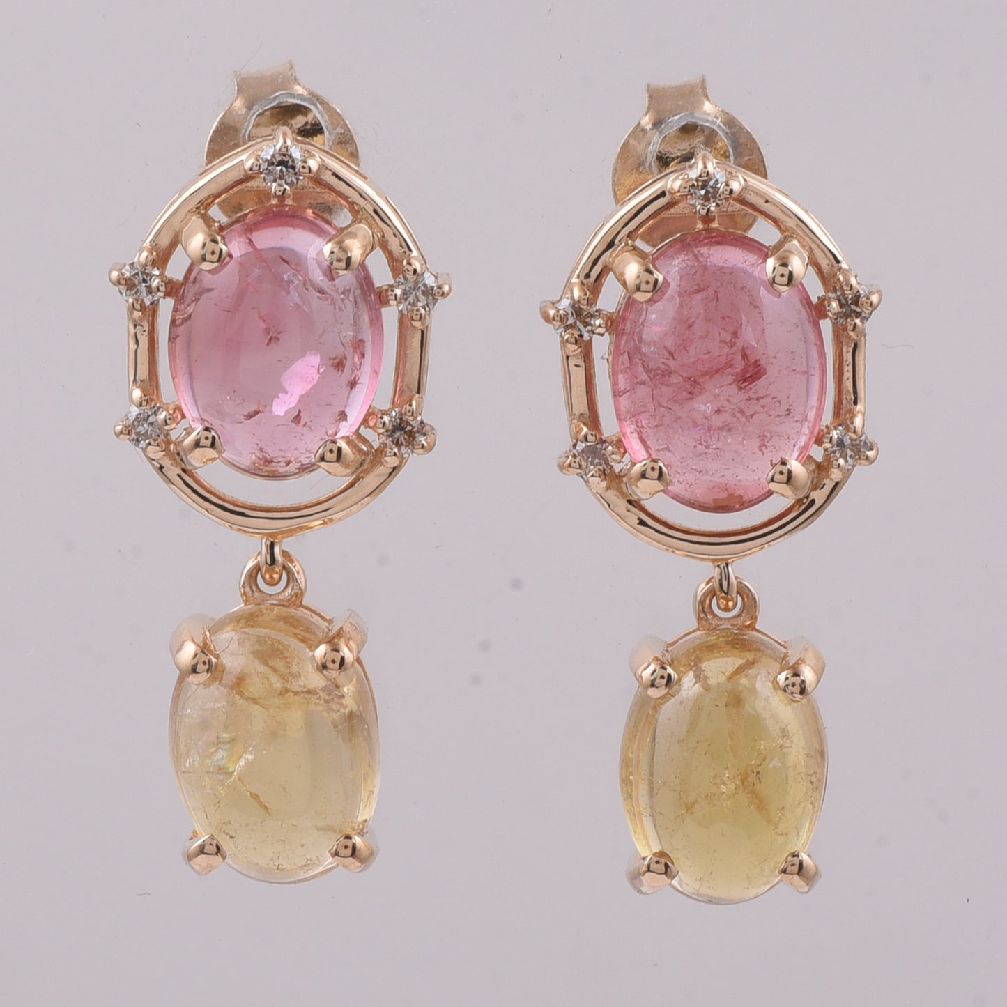 5.56 Ct Oval Cabochon Cut Natural Multi-Coloured Tourmaline 14K Gold Earrings