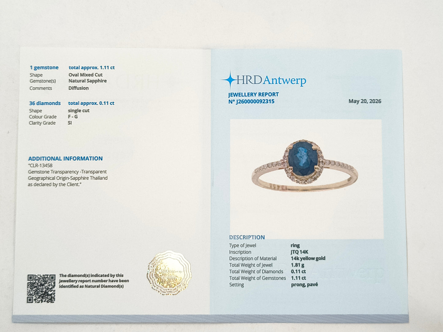 1.22 Ct Oval Sapphire 14K Gold Ring