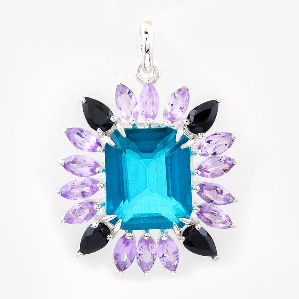 10.41 Ct Octagon Pariba Topaz, Amethyst, Black Spinal 925 Sterling Silver Pendant