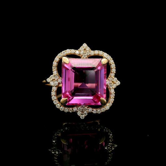 6.28 Ct Square Emerald Cut Lab Grown Pink Sapphire 14K Gold Ring