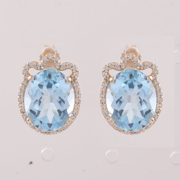 9.24 Ct Oval Blue Topaz 9K Gold Earrings