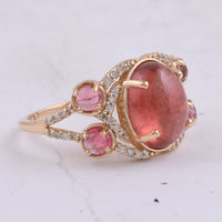 4.22 Ct Oval Cabochon Cut, Round Cabochon Cut Natural Pink Tourmaline 14K Gold Ring