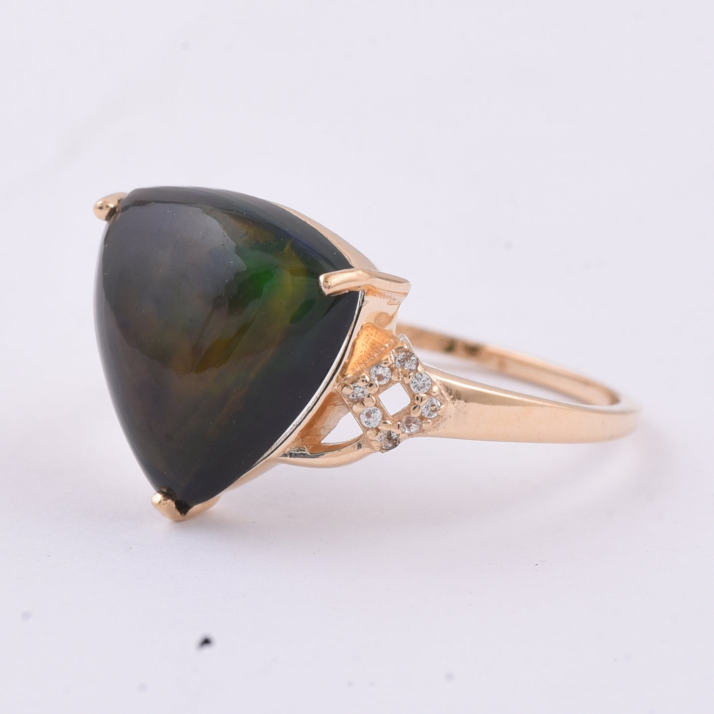 3.19 Ct Triangle Cabochon Natural Black Opal 14K Gold Ring