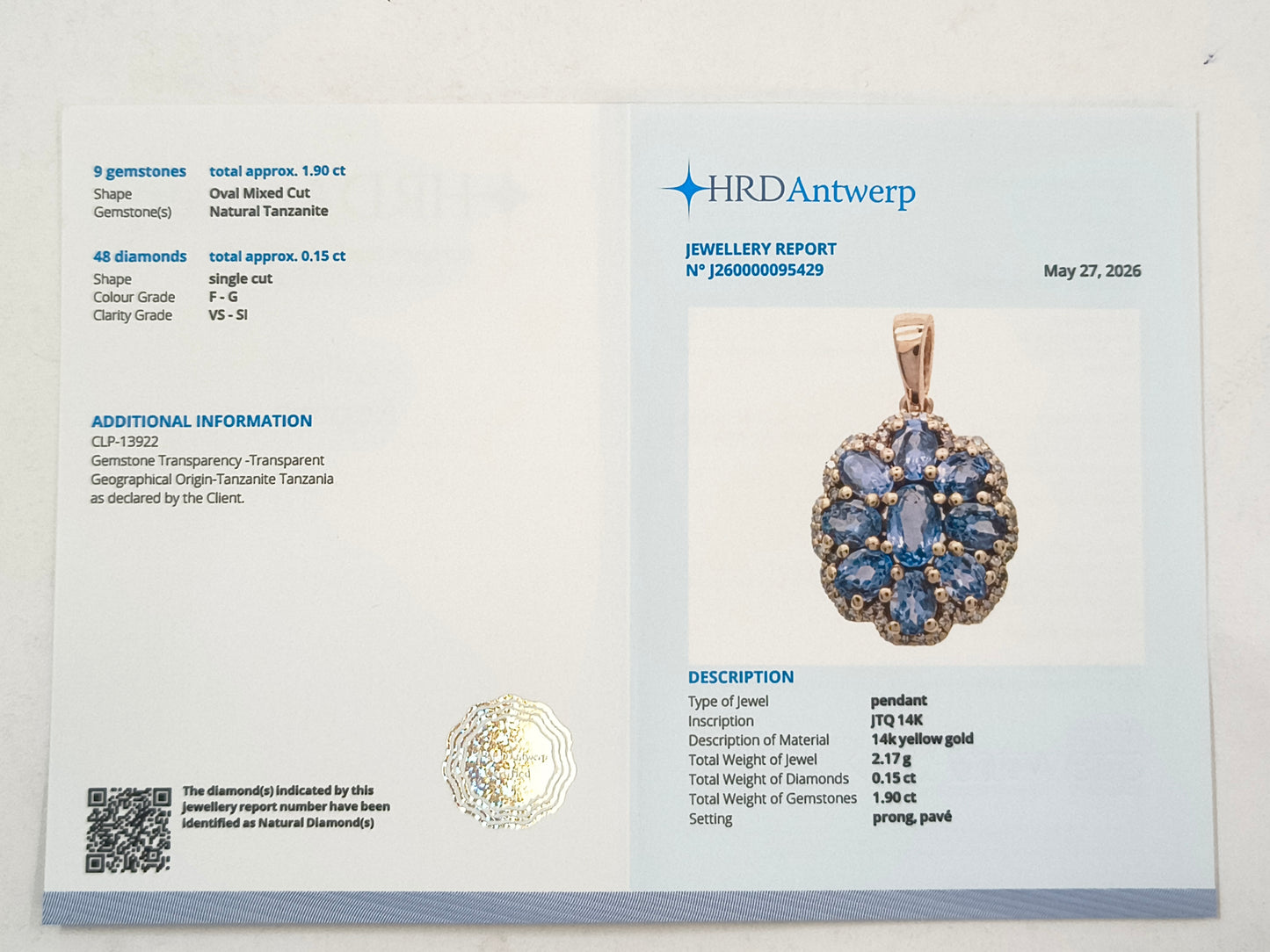 2.05 Ct Single Cut Natural Tanzanite 14K Gold Pendant