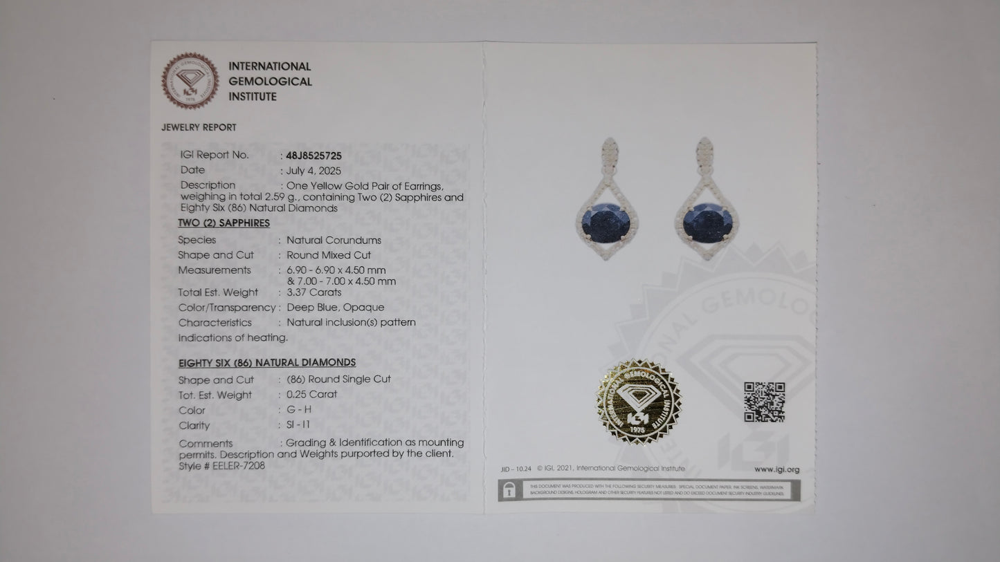 3.62 Ct Round Mixed Cut Natural Corundum Sapphire 14K Gold Earrings