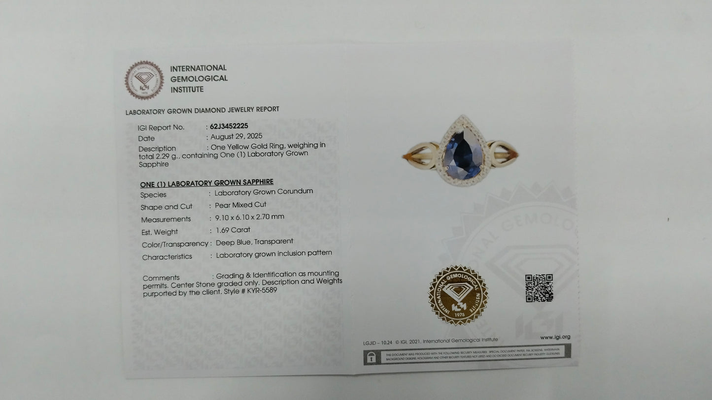 1.78 Ct Pear Mixed Cut Lab Grown Sapphire 14K Gold Ring