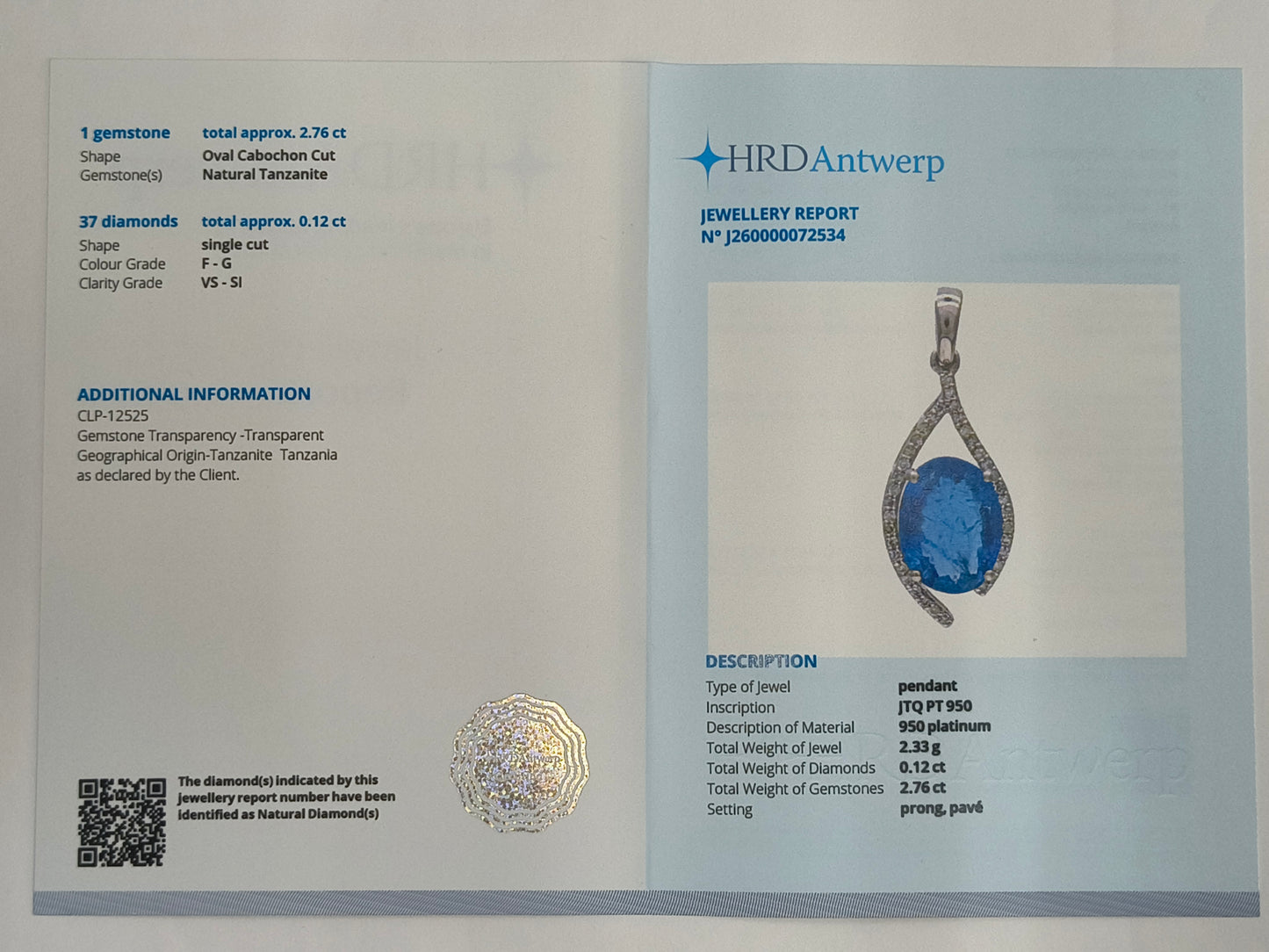2.88 Ct Oval Cabochon Cut Natural Tanzanite 950 Platinum Pendant