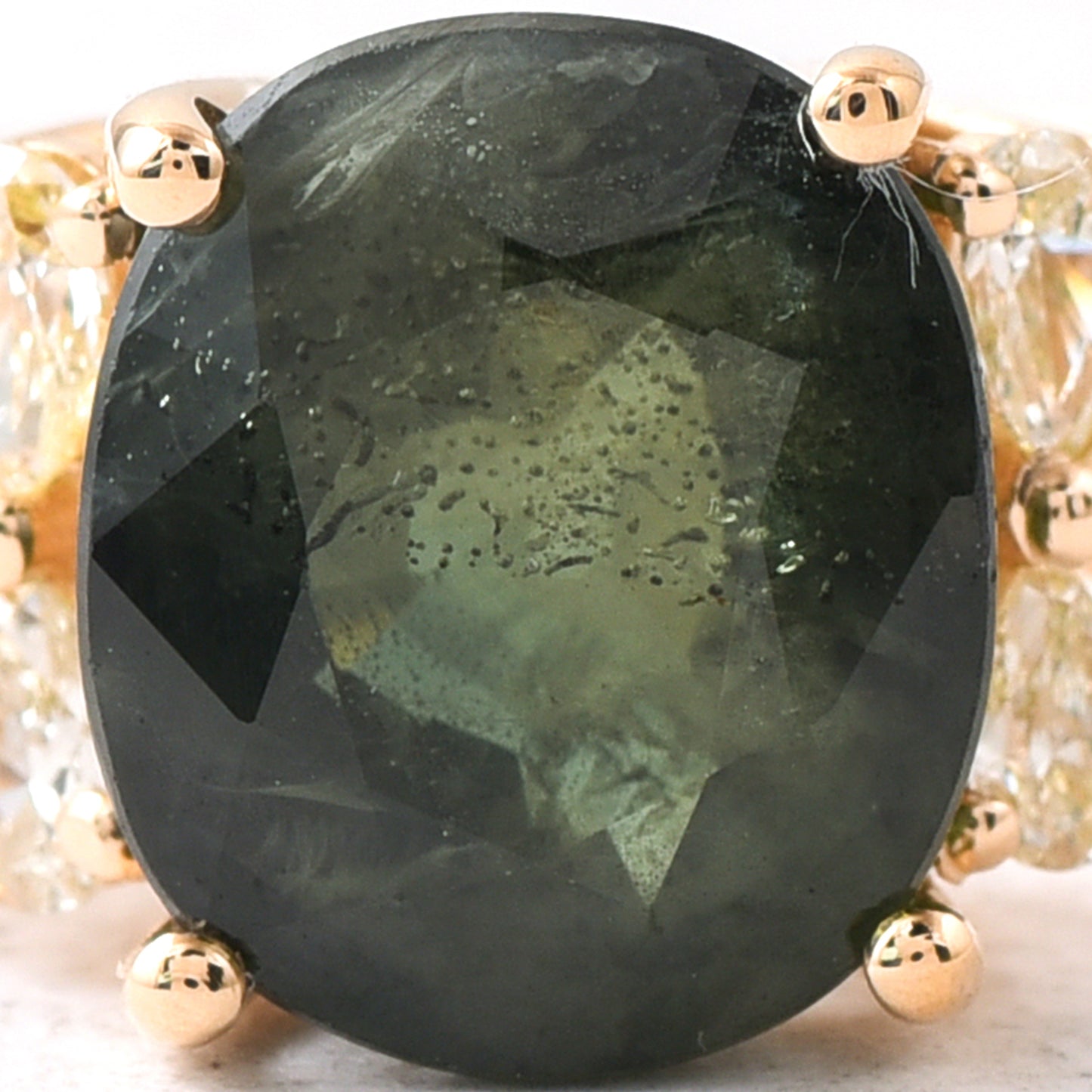 3.31 Ct Cushion Mixed Cut Natural Green Sapphire 14K Gold Ring