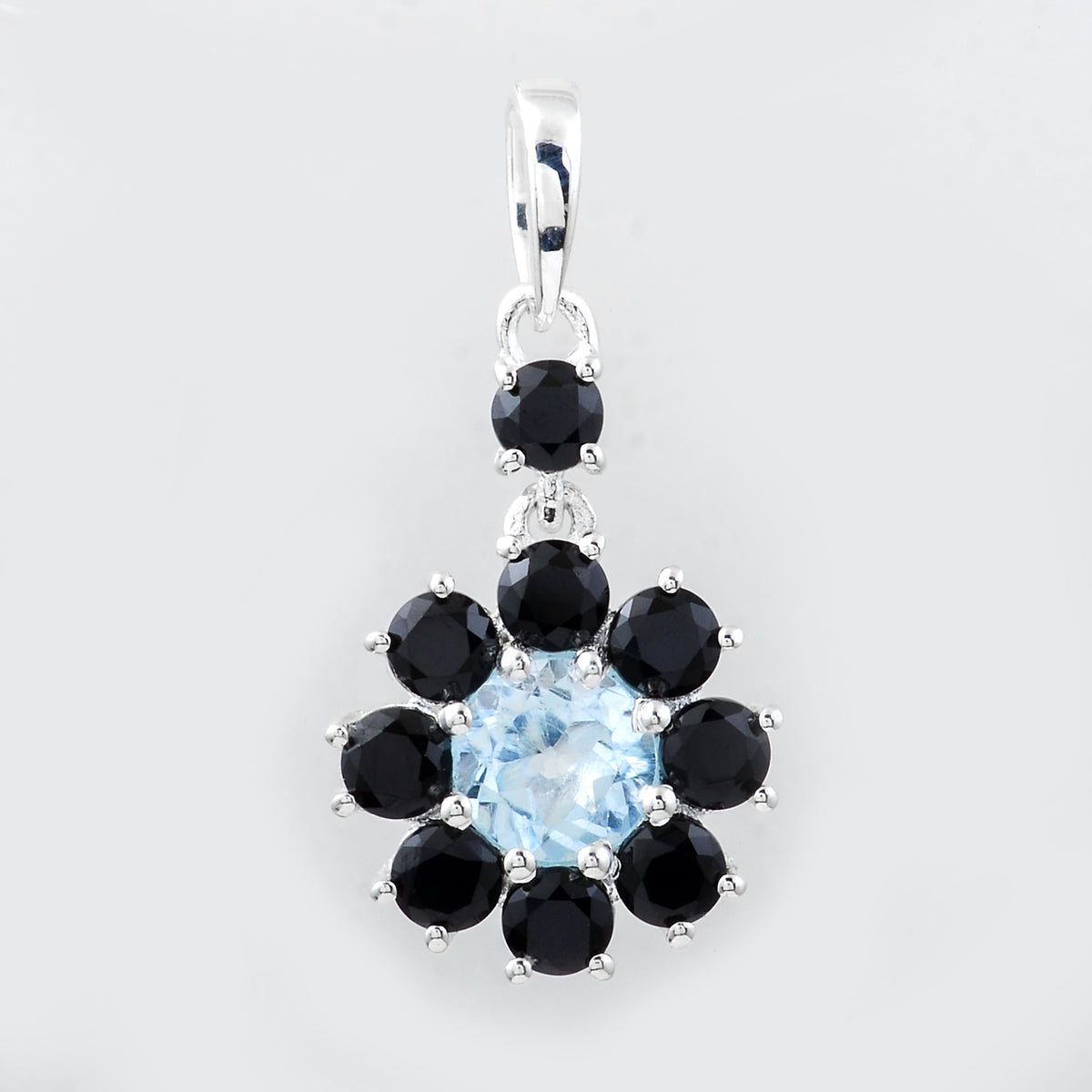 1.27 Ct Round Blue Topaz, Black Spinal, 925 Sterling Silver Pendant