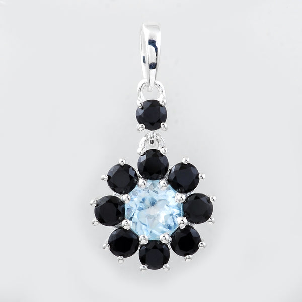 1.27 Ct Round Blue Topaz, Black Spinal, 925 Sterling Silver Pendant