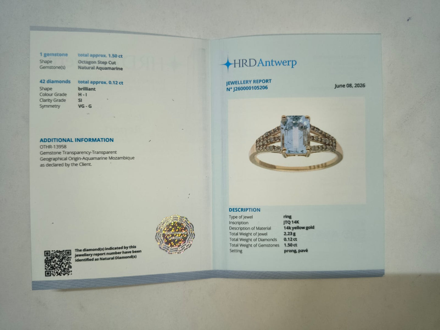 1.62 Ct Octagon Step Cut Natural Aquamarine 14K Gold Ring