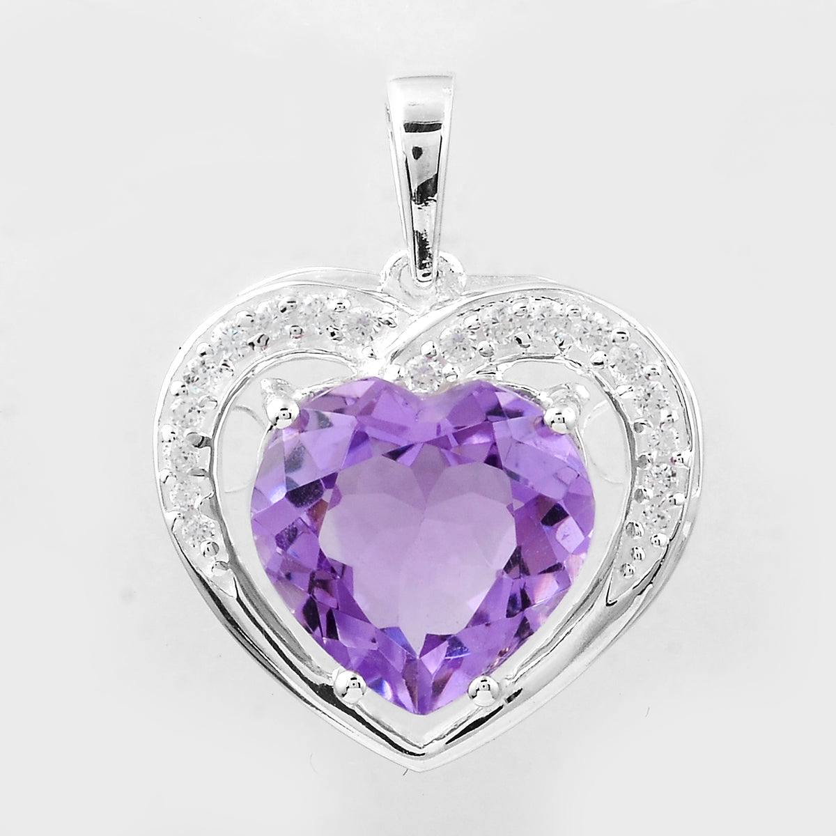 3.37 Ct Heart Amethyst, Cubic Zirconia 925 Sterling Silver Pendant