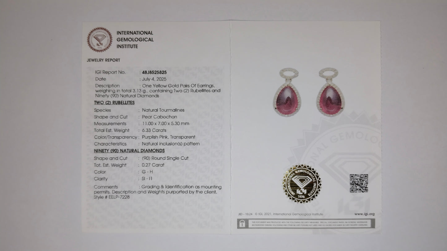 6.60 Ct Pear Cabochon Natural Tourmaline 14K Gold Earrings