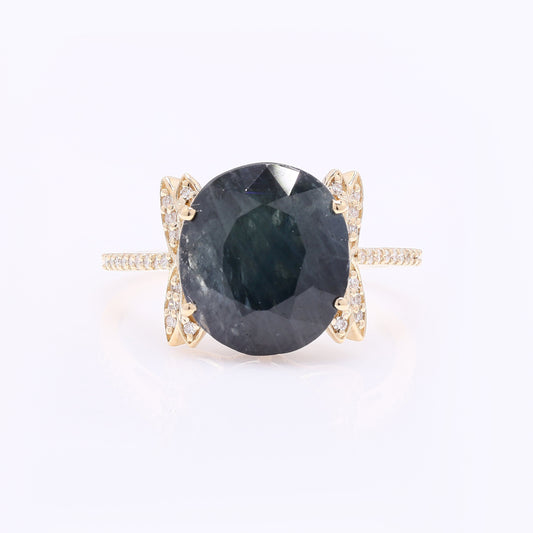 6.22 Ct Oval Mixed Cut Natural Sapphire 14K Gold Ring