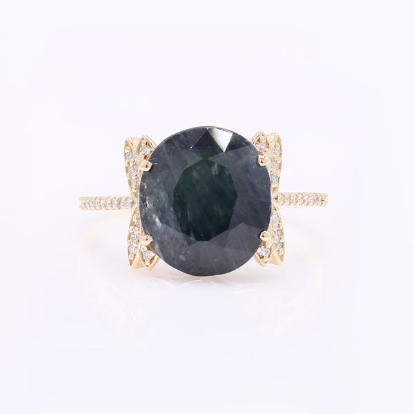 6.22 Ct Oval Mixed Cut Natural Sapphire 14K Gold Ring