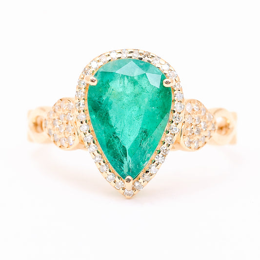 2.69 Ct Pear Mixed Cut Natural Emerald 14K Gold Ring