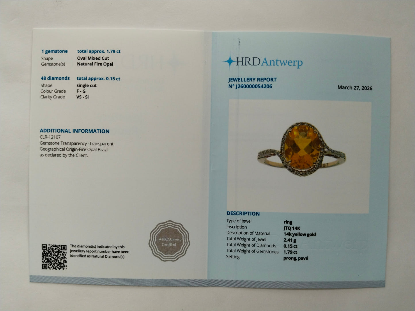 1.94 Ct Oval Mixed Cut Natural Fire Opal 14K Gold Ring