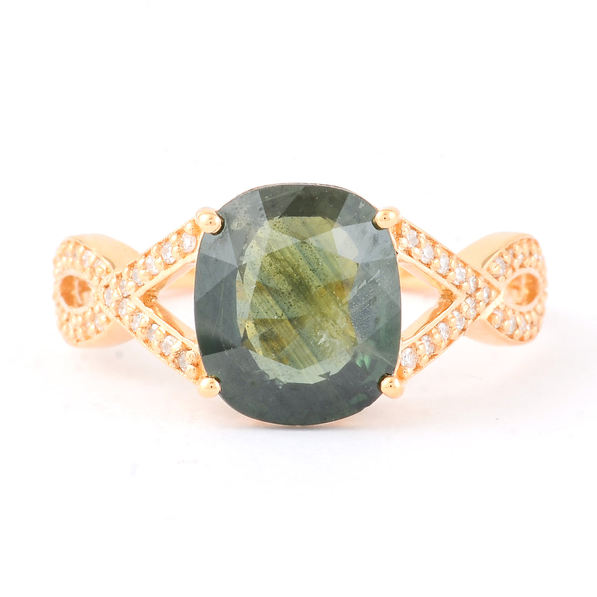 3.23 Ct Cushion Mixed Cut Natural Green Sapphire 14K Gold Ring