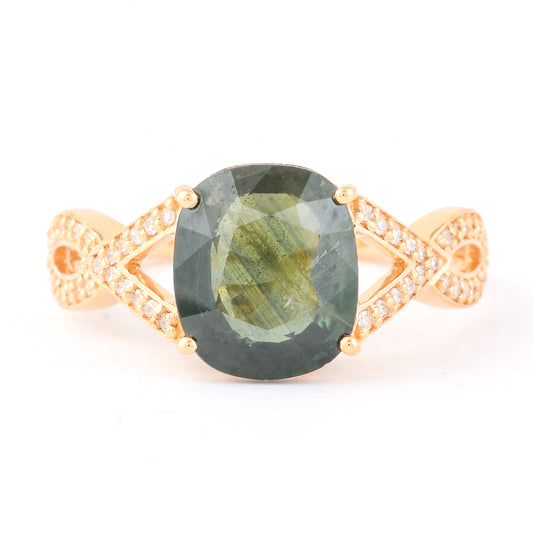 3.23 Ct Cushion Mixed Cut Natural Green Sapphire 14K Gold Ring