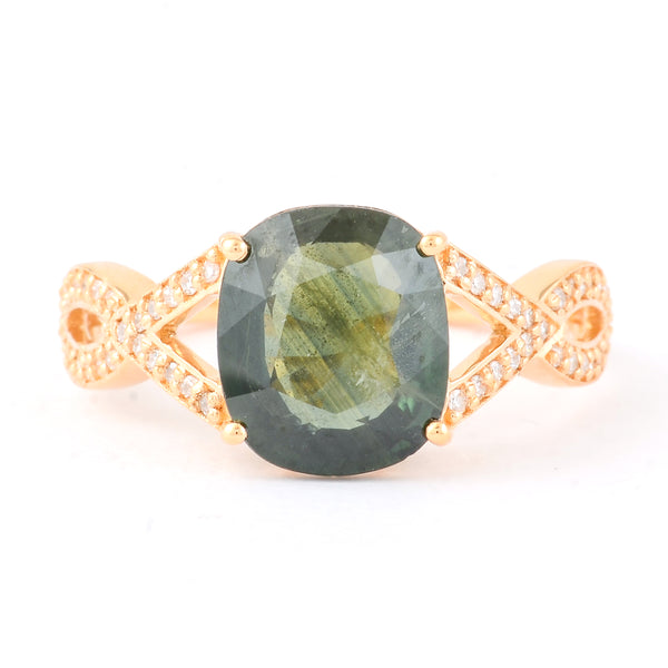 3.23 Ct Cushion Mixed Cut Natural Green Sapphire 14K Gold Ring