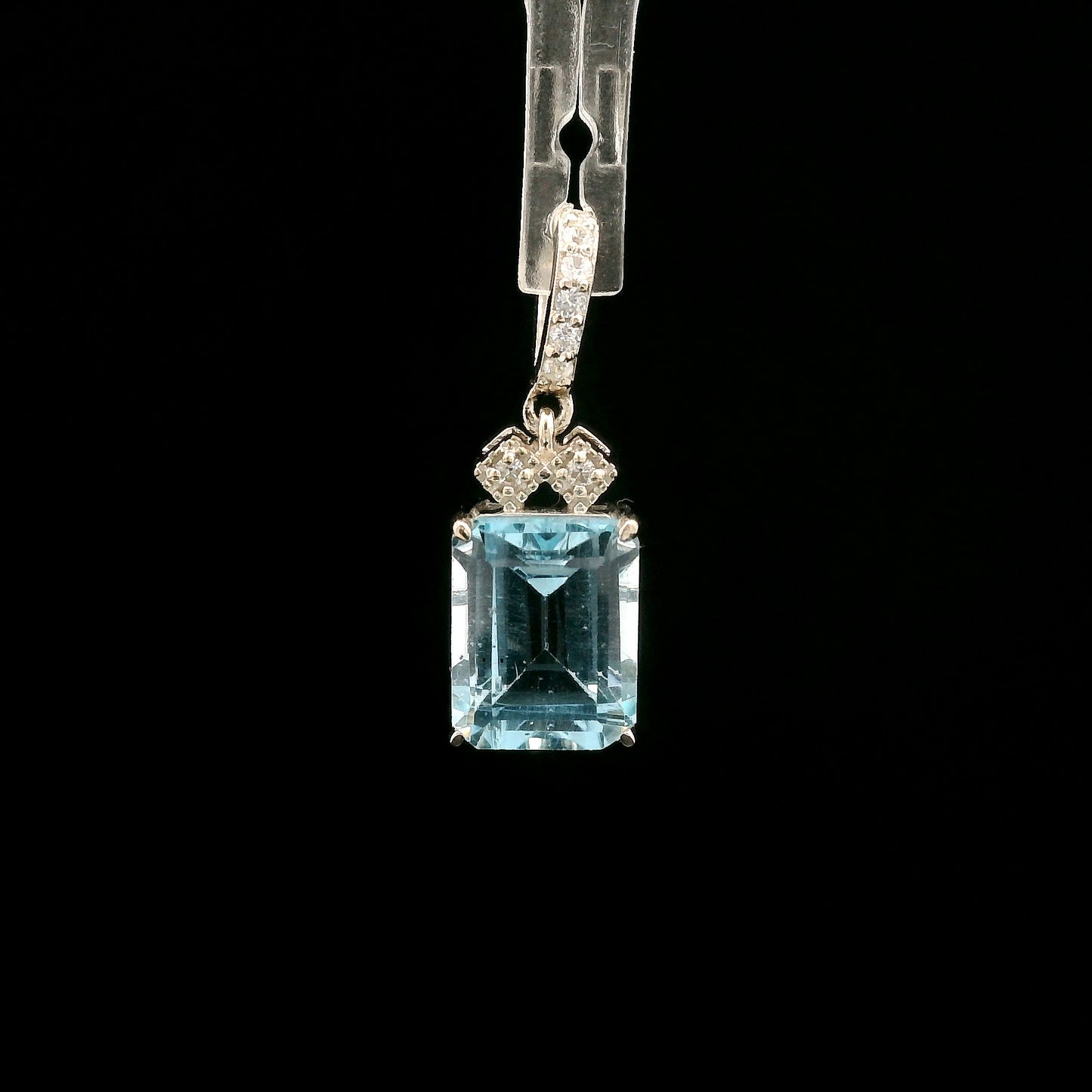 3.31 Ct Octagon Blue Topaz, White Zircon 925 Sterling Silver Pendant