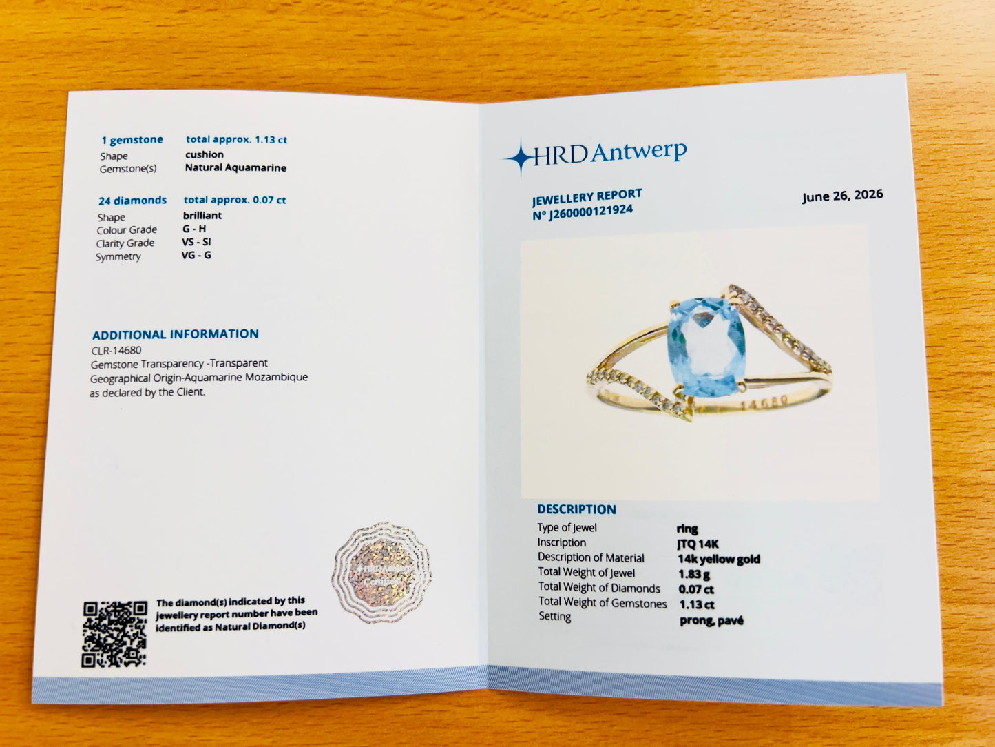 1.20 Ct Cushion Natural Aquamarine 14K Gold Ring