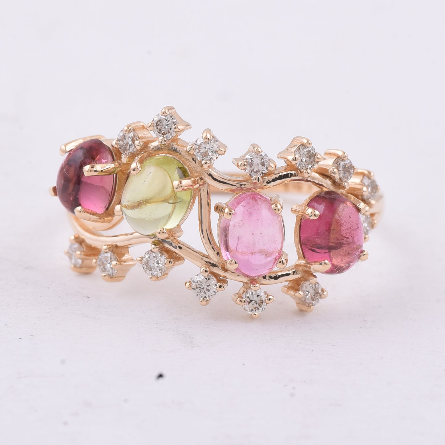 2.05 Ct Oval Cabochon Cut Natural Multi-Coloured Tourmaline 14K Gold Ring