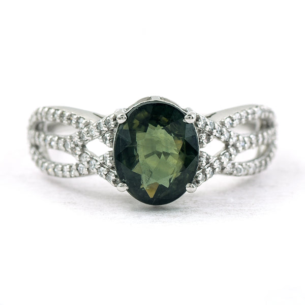 2.29 Ct Oval Mixed Cut Natural Green Sapphire 950 Platinum Ring