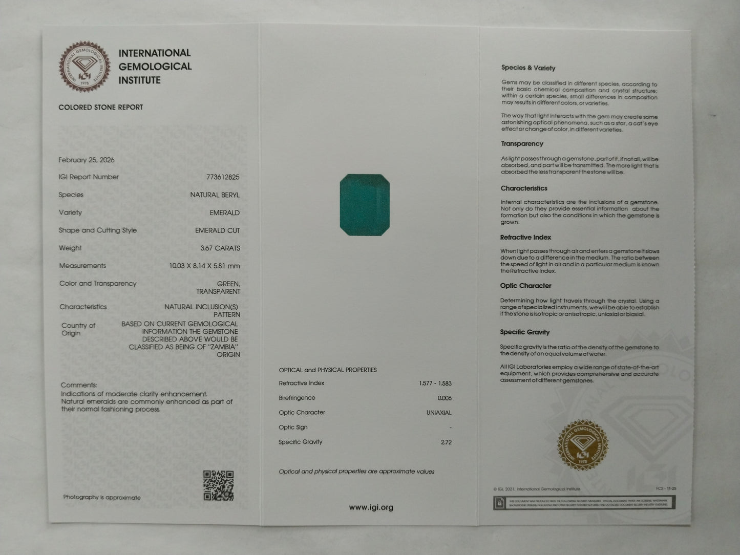 3.67 Natural Beryl Emerald Emerald Cut Gemstone