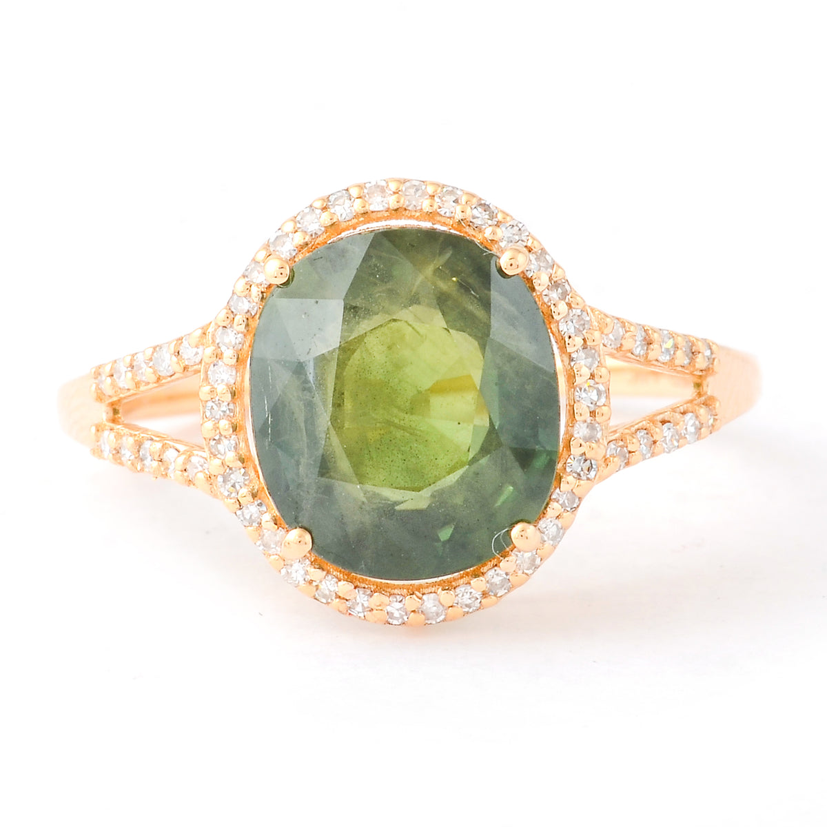 4.04 Ct Oval Mixed Cut Natural Green Sapphire 14K Gold Ring
