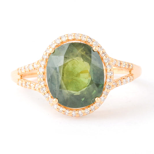 4.04 Ct Oval Mixed Cut Natural Green Sapphire 14K Gold Ring