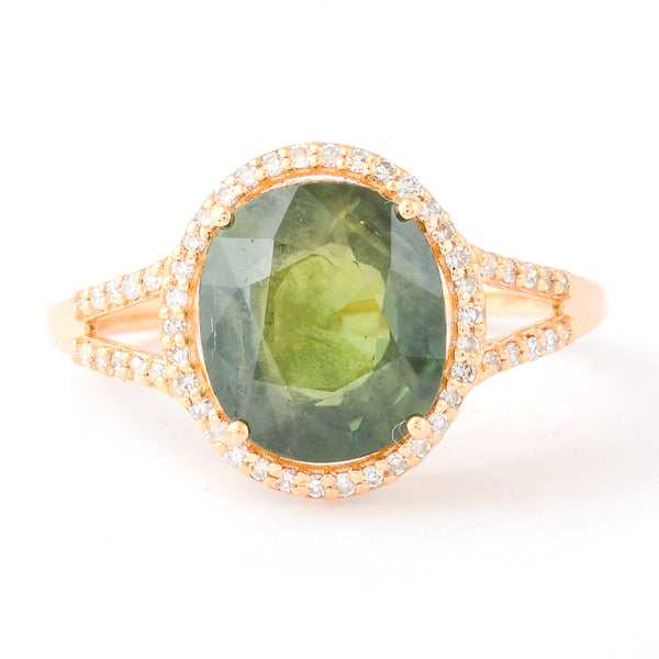4.04 Ct Oval Mixed Cut Natural Green Sapphire 14K Gold Ring