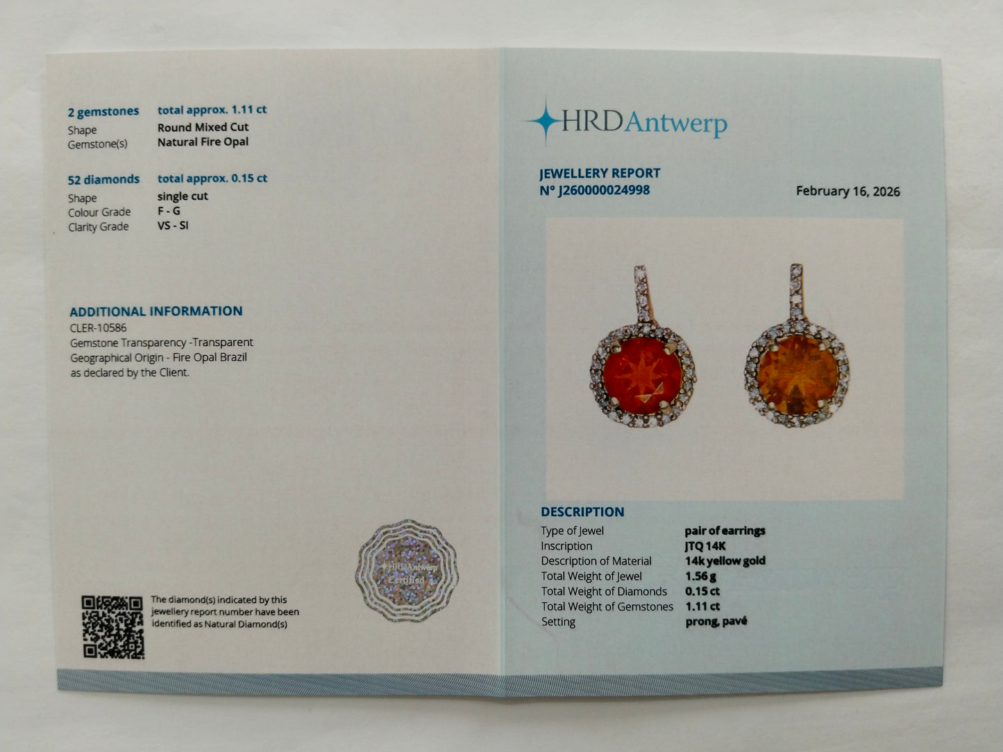 1.26 Ct Round Mixed Cut Natural Fire Opal 14K Gold Earrings