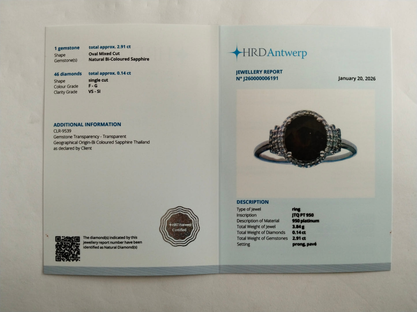 3.05 Ct Oval Mixed Cut Natural Bi-Coloured Sapphire 950 Platinum Ring